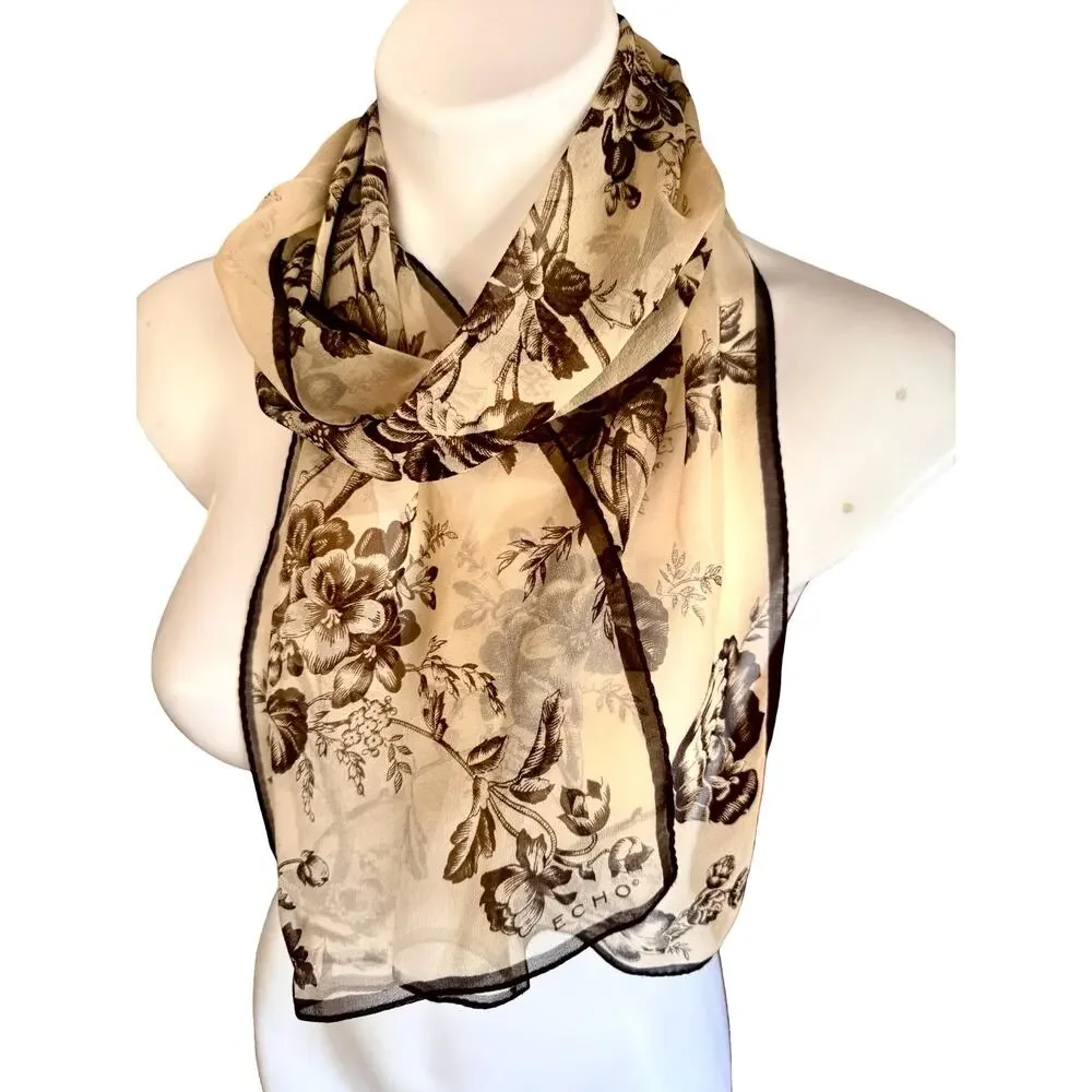 Vintage Echo Silk Chiffon Floral Toile Scarf Cream Brown Oblong 11x58